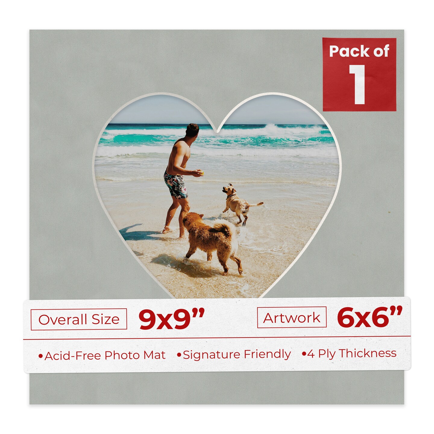 Light Grey Suede Mat Board for 9x9 Frames - Heart Opening for 6x6 Photos