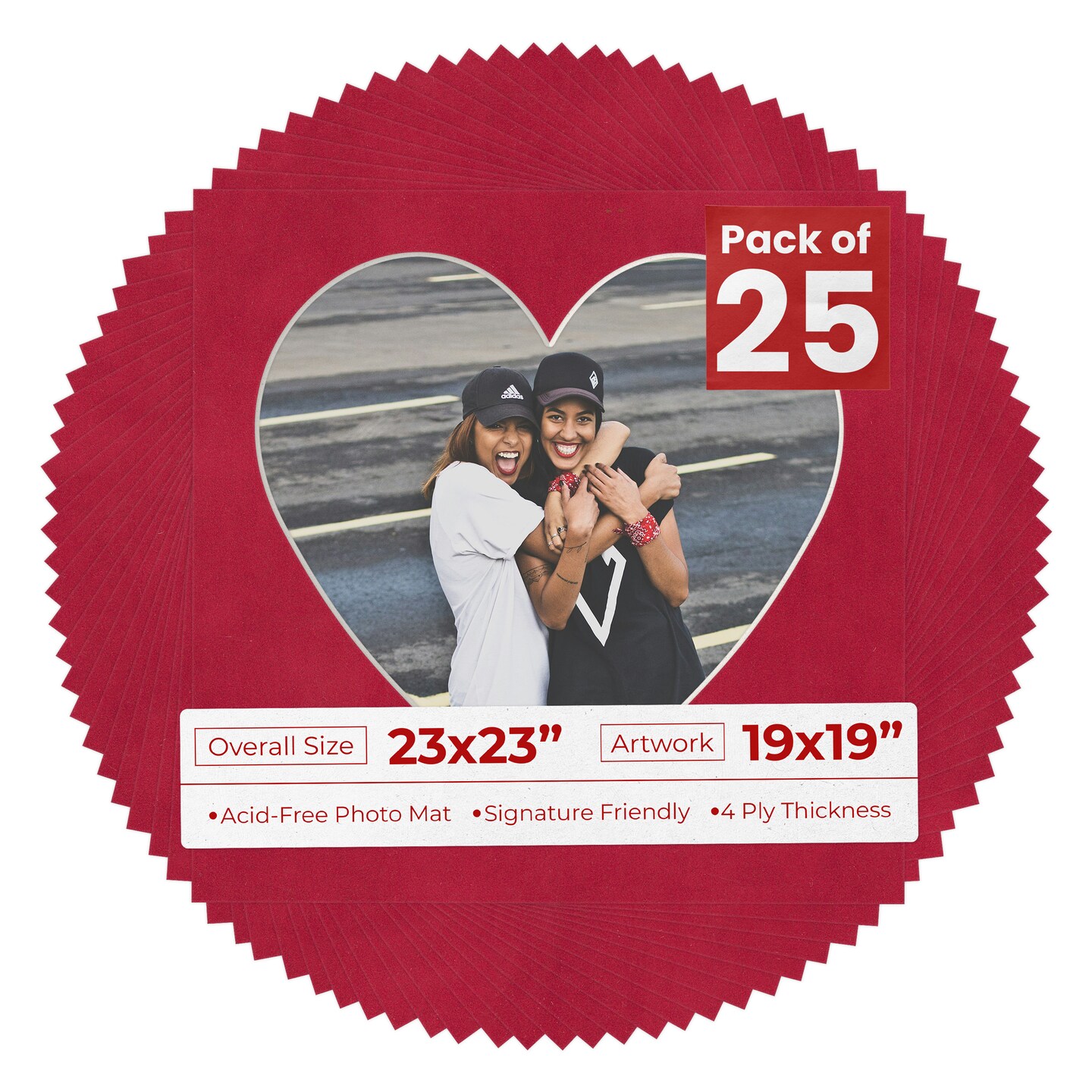 Red Suede Mat Board for 23x23 Frames - Heart Opening for 19x19 Photos