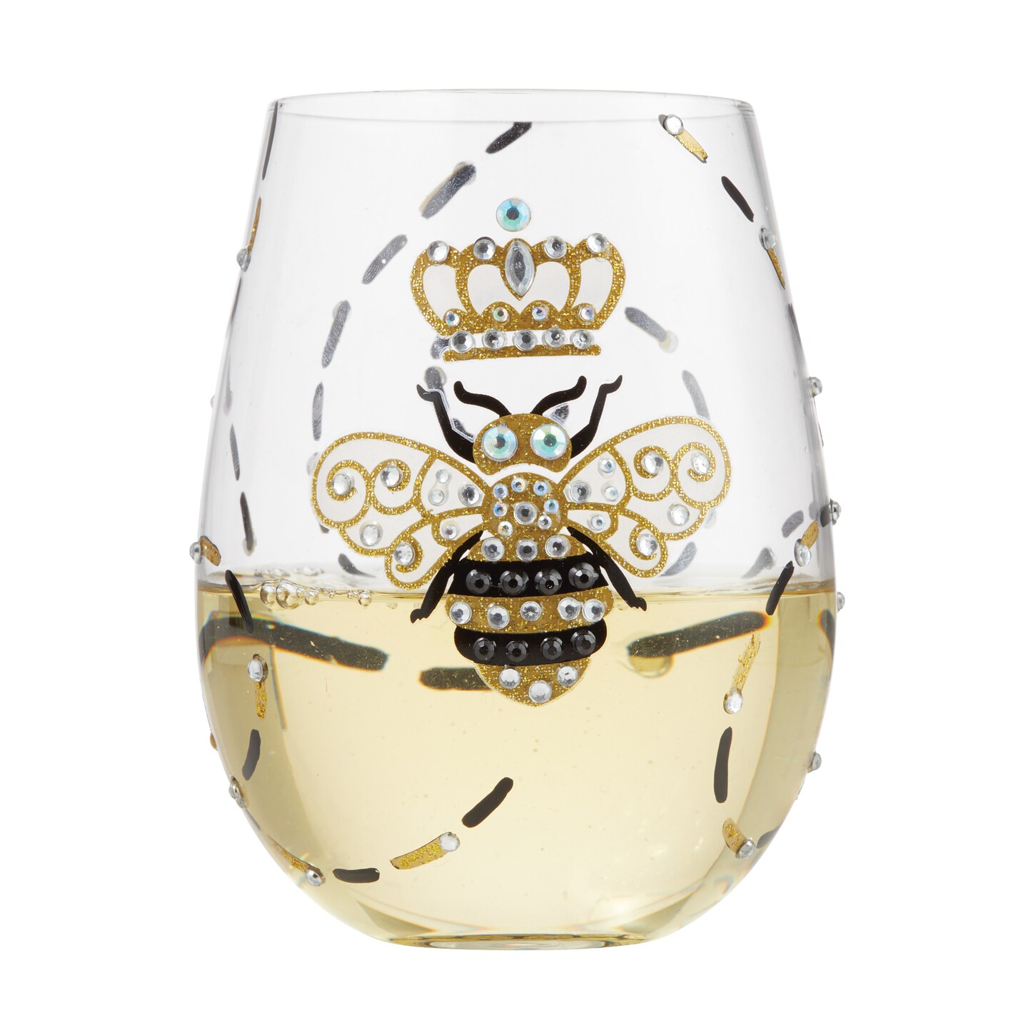 Lolita Queen Bee Stemless Hand Painted Wine Glass 5in H
