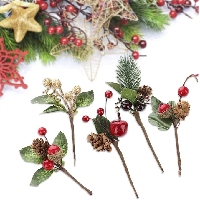 Pine Picks with Red Berries and Pine Cones for Christmas DIY Crafts Gift Wrapping Flower Arrangements Wreaths Holiday Floral Picks Christmas Decorations