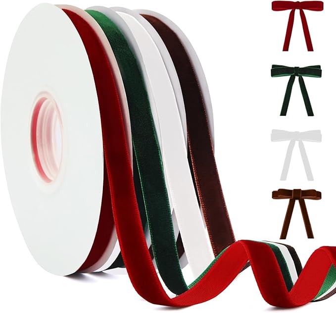 4 Colors Velvet Ribbon Set, 3/8" x 40Yard Premium Velvet Ribbon for Gift Wrapping, Christmas Velvet Ribbon Christmas Tree Velvet Ornaments Handmade Crafts Bow Making(Red,Green,White,Brown)