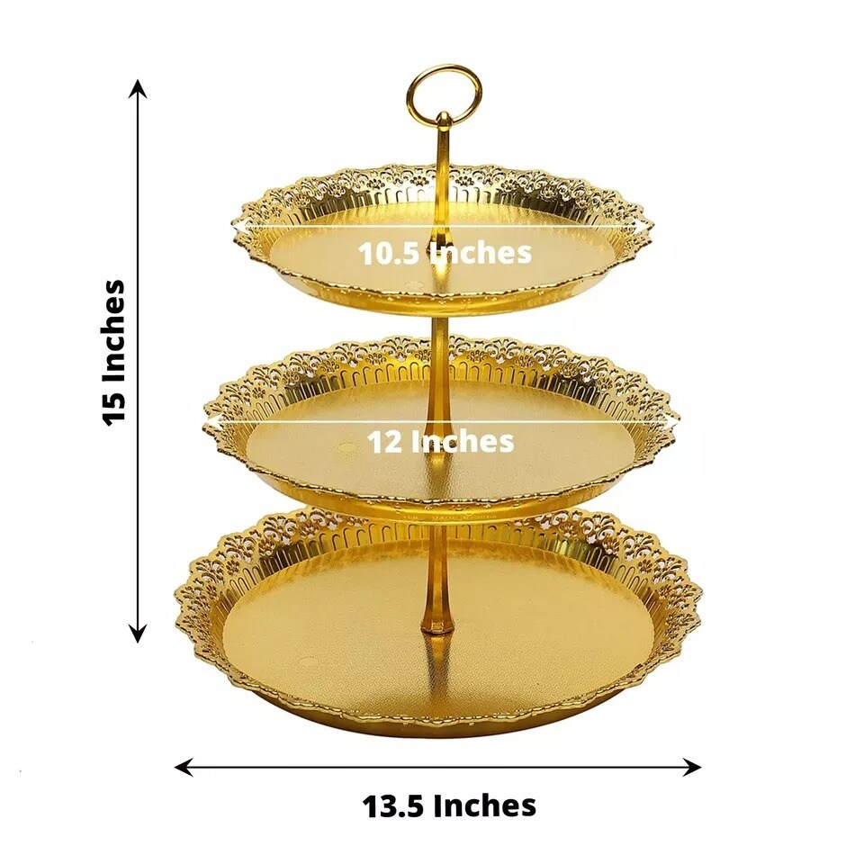 Gold 15" Plastic 3 Tier Metallic Round Cupcake Display Tower Lace Cut Rim Party