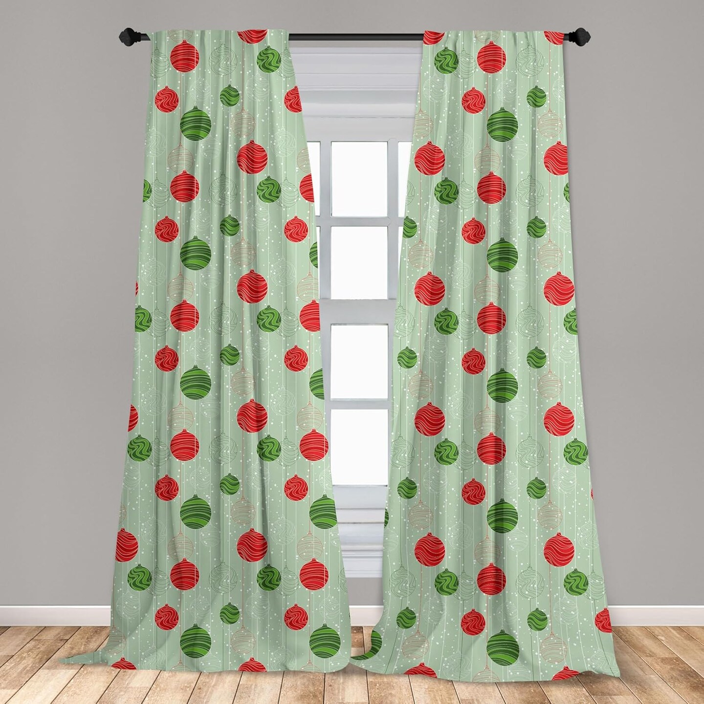 Christmas Curtains, Wavy Striped Baubles on Strings Snowy Winter Retro Design Xmas Print, Window Treatments 2 Panel Set for Living Room Bedroom, Pair of - 28&#x22; x 84&#x22;, Green and Red