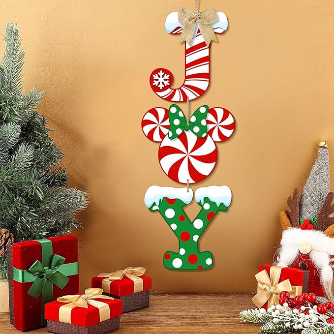 3 Pieces Christmas Joy Door Sign Decorations, Peppermint Candy Mouse Shaped Wreath for Front Door, Wood Joy Wall Sign Door Hanger for Xmas Party Winter Home Holiday Decor with Bow