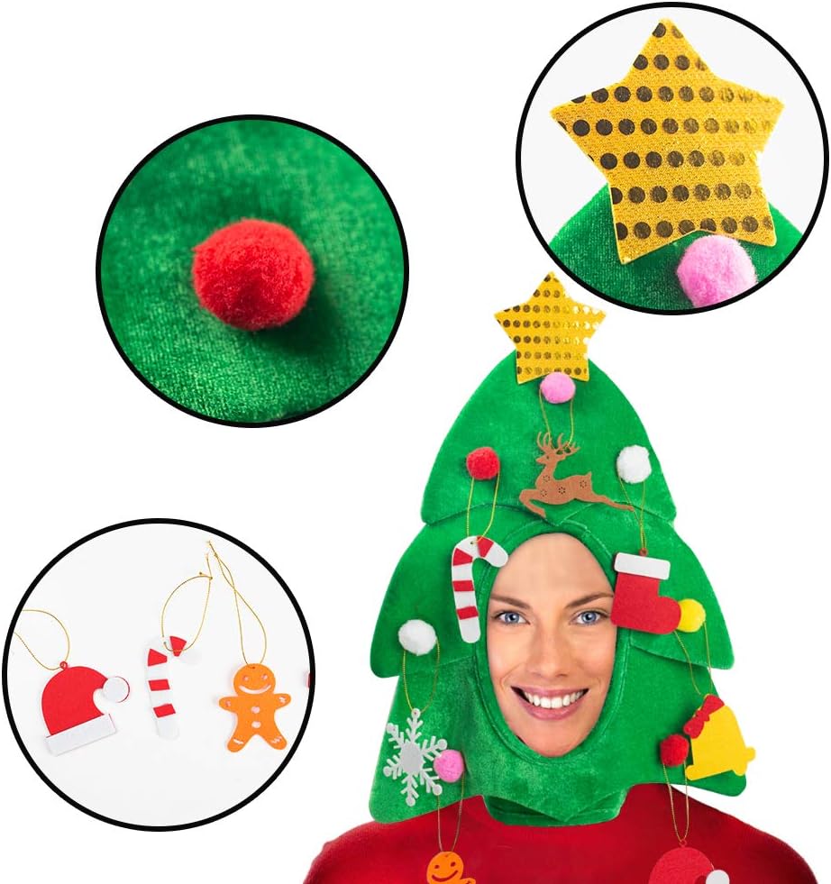 Christmas Tree Hat with 7PCS Ornaments, Funny Christmas Hat, Novelty Santa Hat Crazy Hats Christmas Party Hat Dress Up Celebrations