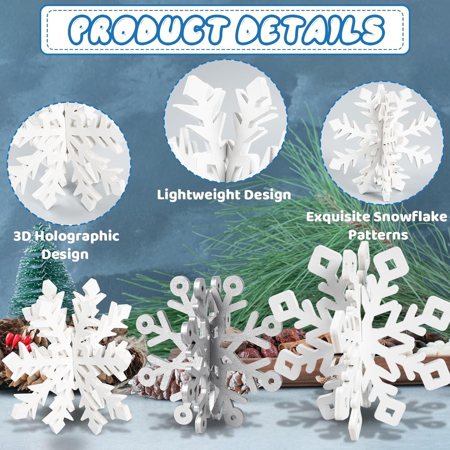 Winter Christmas Centerpiece Table Decorations - 12pcs Wooden Snowflakes Decor 3D Silver White Snowflake Tabletop Decor for Xmas Holiday Tiered Tray Winter Farmhouse Decor