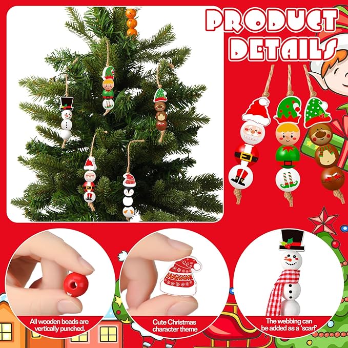 240 Pcs Christmas Wood Beads with Twine Santa Gingerbread Man Elf Penguin Snowman Wooden Beads Garland Christmas DIY Crafts Round Beads for Xmas Winter Party Farmhouse Home Decor