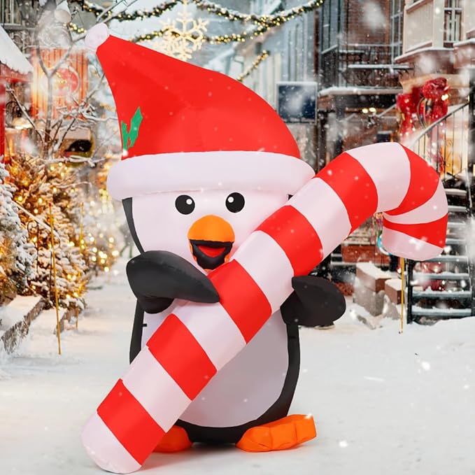 Outdoor Decorations Blow Up Yard Penguins Holding Candy Cane with Built-in LEDs for Xmas Holiday Party Indoor Garden Lawn Decor