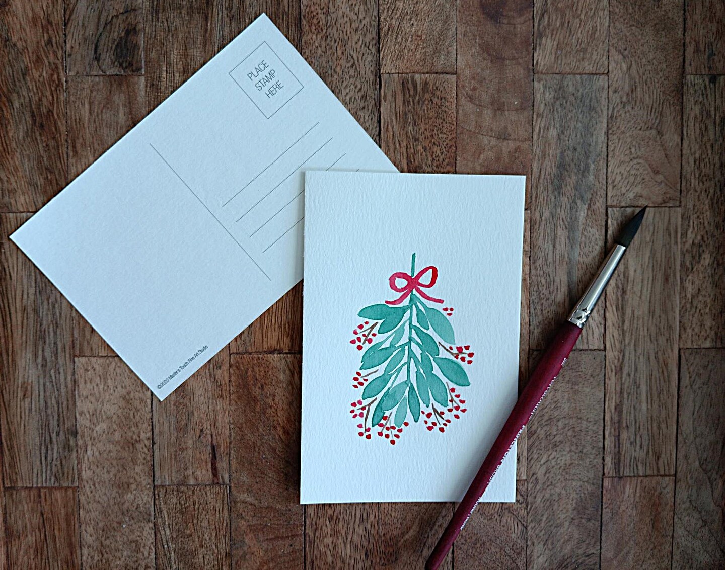 Easy watercolor Christmas postcard with mistletoe