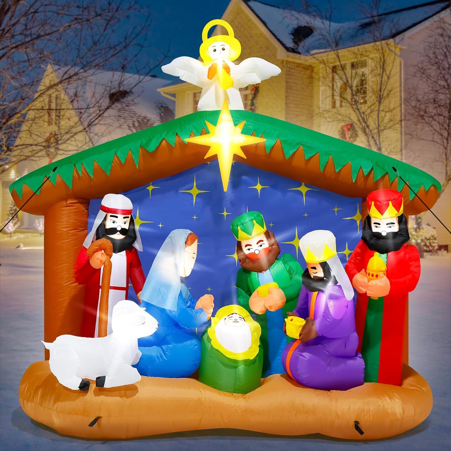 8FT Christmas Inflatables Nativity Scene, Blow Up Christmas Nativity Scene, LED Lighted The Birth of Jesus Scene Inflatables Decor, Christmas Outdoor Inflatable Decorations for Xmas Yard Lawn Patio