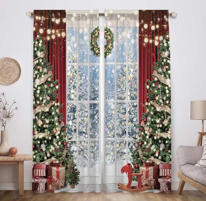 Christmas Window Curtain Winter Xmas Tree Glitter Bokeh Print Curtains Home Decor Rod Pocket Darkening Drapes for Bedroom Living Room 82 in x 84 in