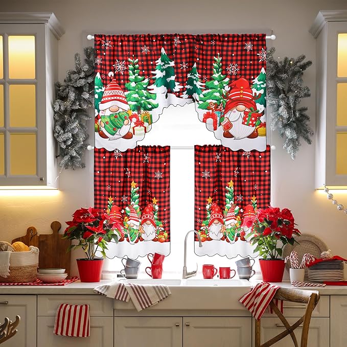 6 Pcs Christmas Kitchen Curtains Window Curtains and Valance Set Snowman Christmas Tree Gnome Buffalo Plaid Christmas Curtains Swag for Bedroom Living Room, 60 x 36 Valance, 36 x 30 Tier