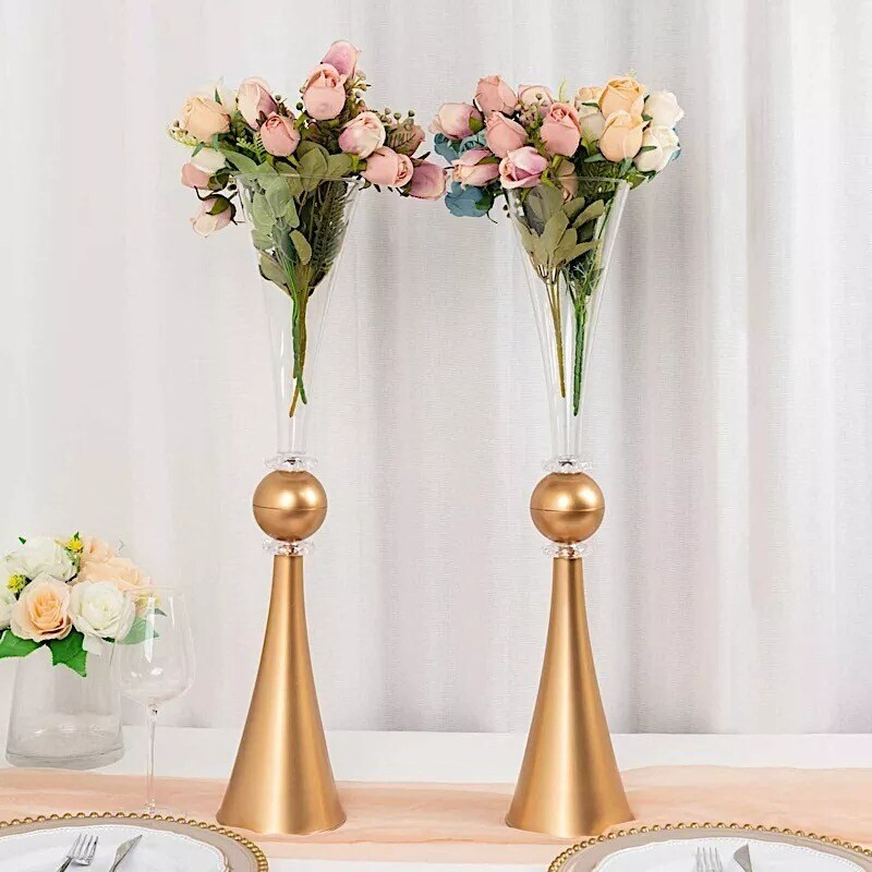 2 Clear Gold 27" Plastic Reversible Trumpet Flower Vases Crystals Party Event