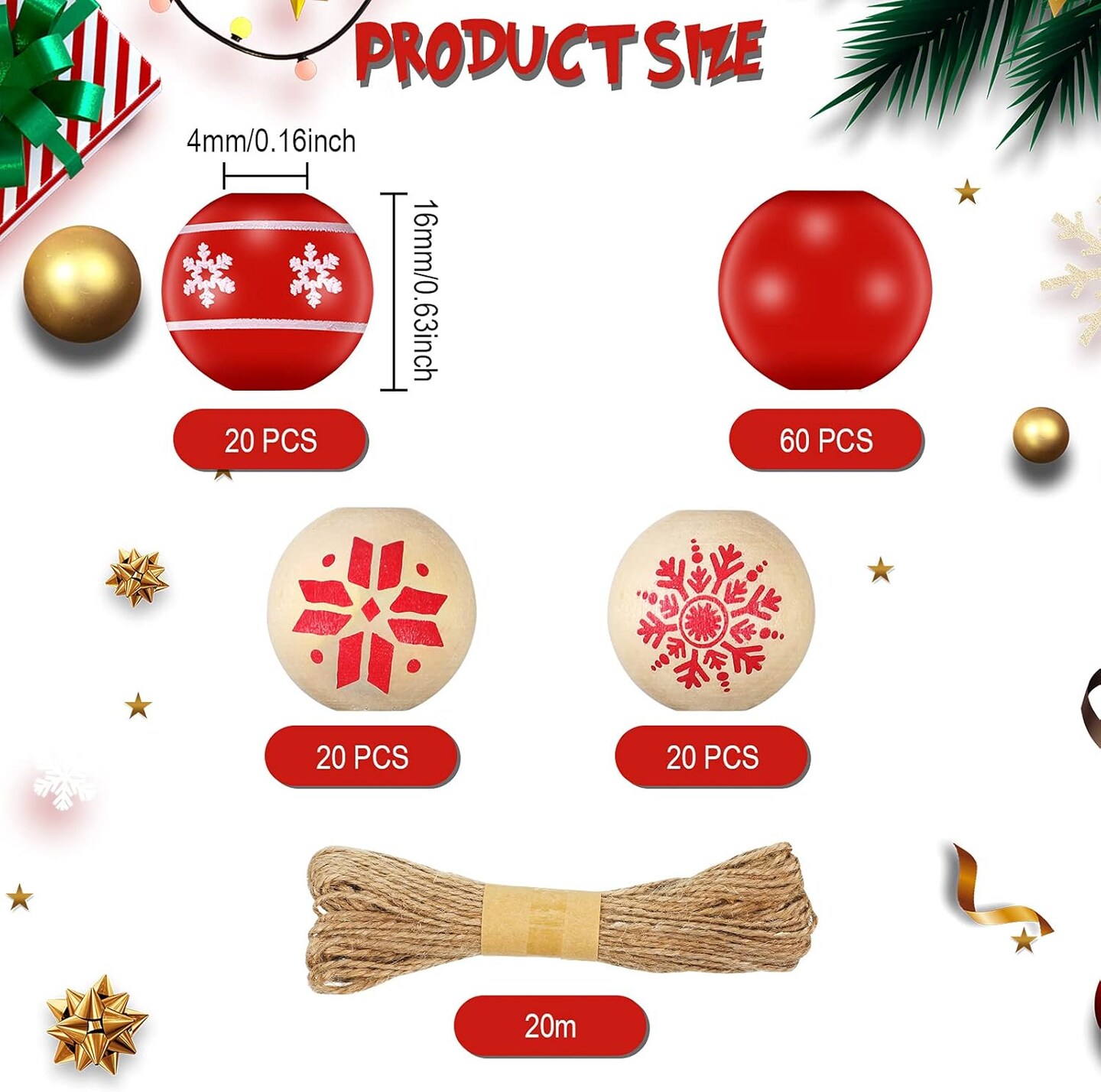 120 Pieces 0.6 Inch Wooden Bead Christmas Wood Beads Natural Wood Beads Craft Wood Round Beads with 65.6 Feet Twine for Xmas Valentine's Day Saint Patrick's Day Party Decor (Natural, Red)