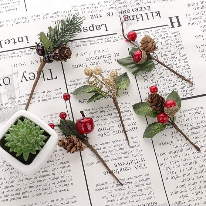 Pine Picks with Red Berries and Pine Cones for Christmas DIY Crafts Gift Wrapping Flower Arrangements Wreaths Holiday Floral Picks Christmas Decorations