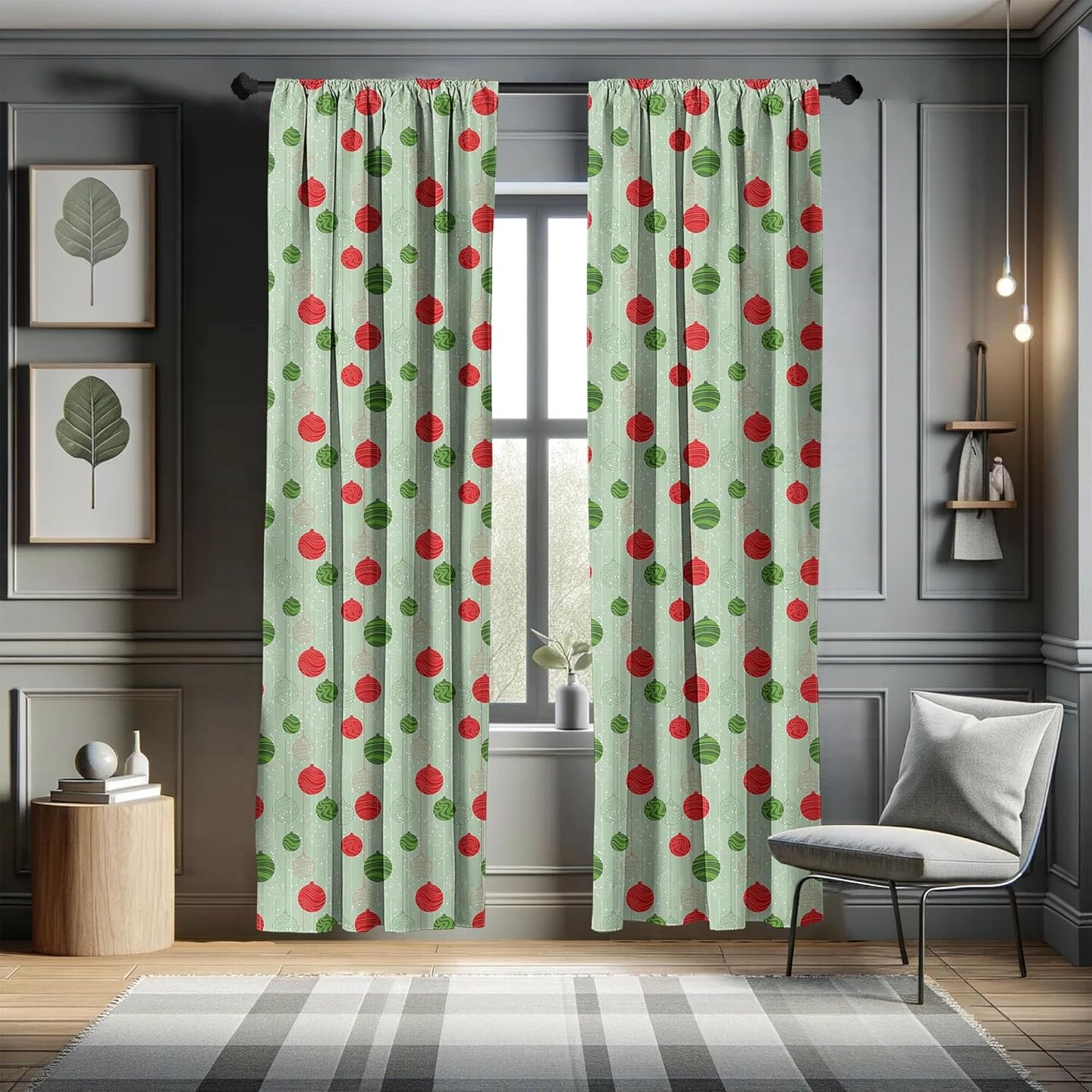 Christmas Curtains, Wavy Striped Baubles on Strings Snowy Winter Retro Design Xmas Print, Window Treatments 2 Panel Set for Living Room Bedroom, Pair of - 28&#x22; x 84&#x22;, Green and Red