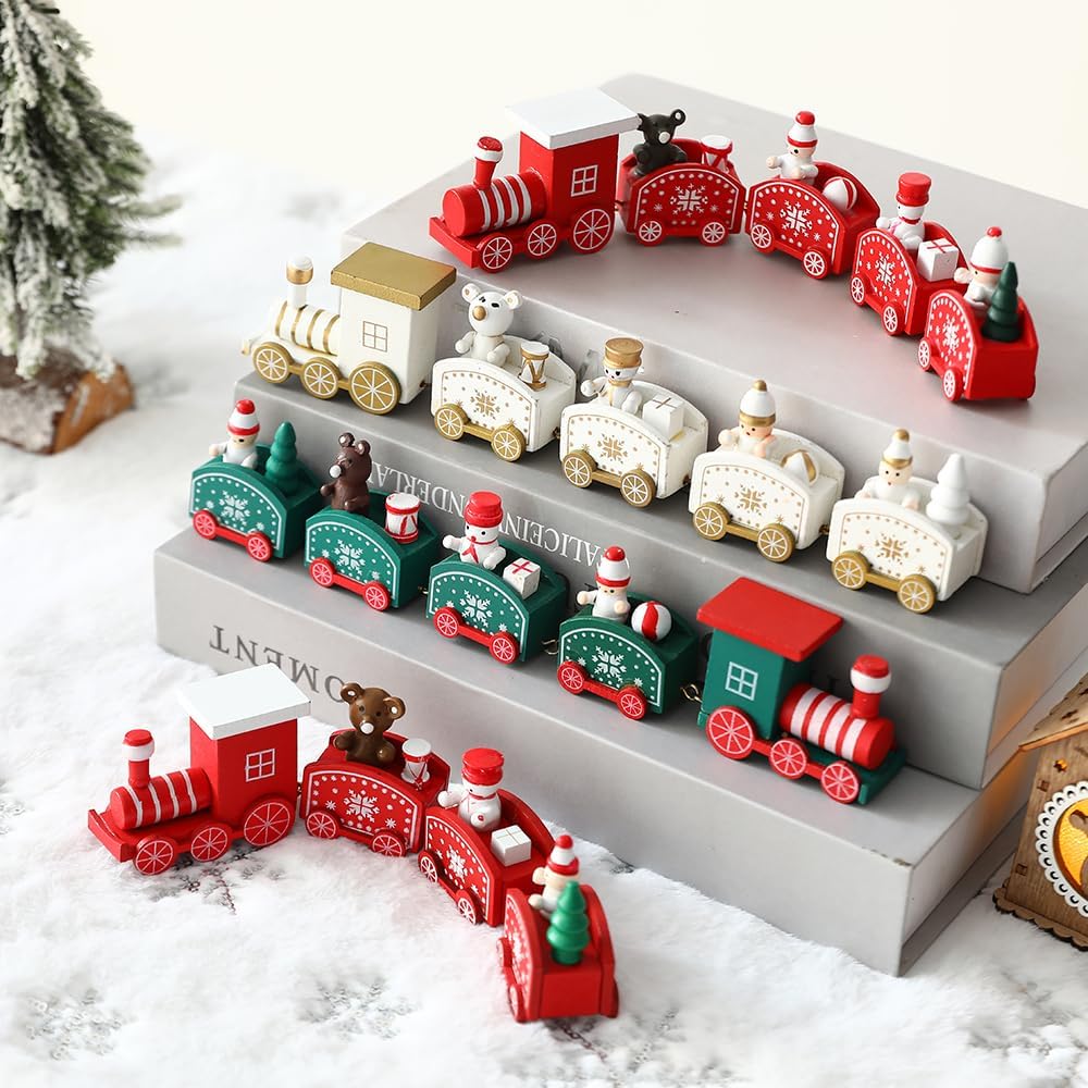 5Pcs Wooden Train Christmas Ornament Decorations with Gingerbread Snowman Christmas Tree Figurine Mini Train Decor for Merry Christmas Home Table Xmas Gifts Noel 2024 Happy New Year Decortion