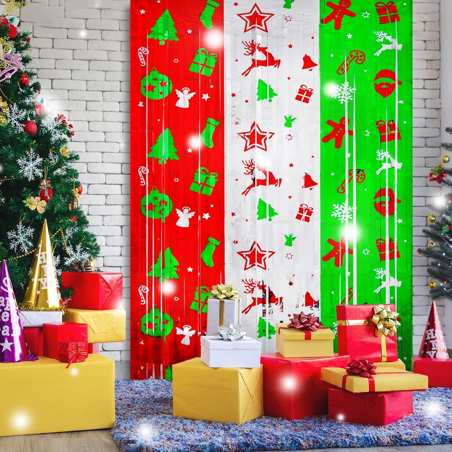 Foil Fringe Curtains - Christmas Themed Red, Silver, Green - 3.3 x 6.6 ft Photo Backdrop for Ugly Sweater Parties