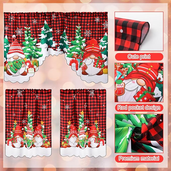 6 Pcs Christmas Kitchen Curtains Window Curtains and Valance Set Snowman Christmas Tree Gnome Buffalo Plaid Christmas Curtains Swag for Bedroom Living Room, 60 x 36 Valance, 36 x 30 Tier