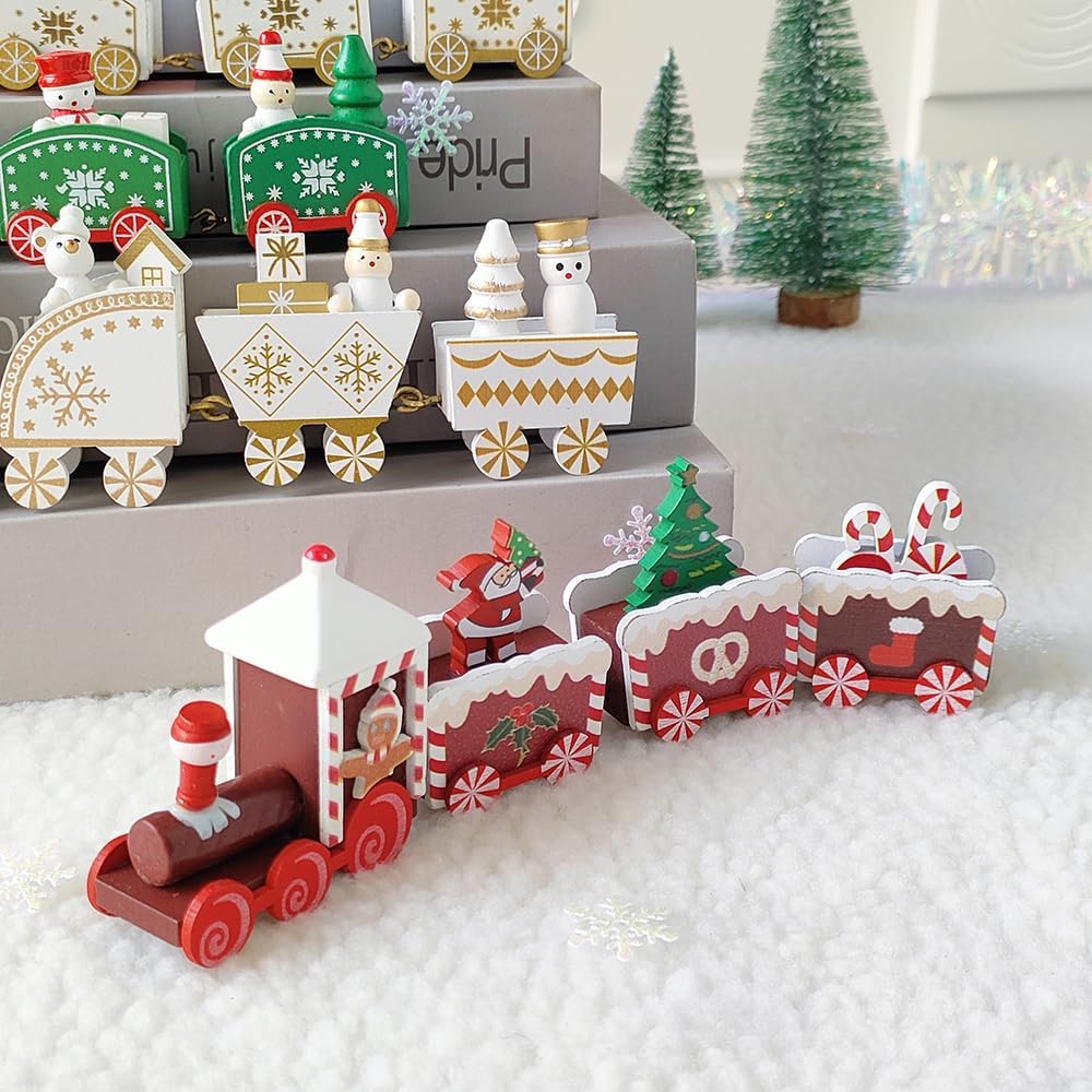 5Pcs Wooden Train Christmas Ornament Decorations with Gingerbread Snowman Christmas Tree Figurine Mini Train Decor for Merry Christmas Home Table Xmas Gifts Noel 2024 Happy New Year Decortion