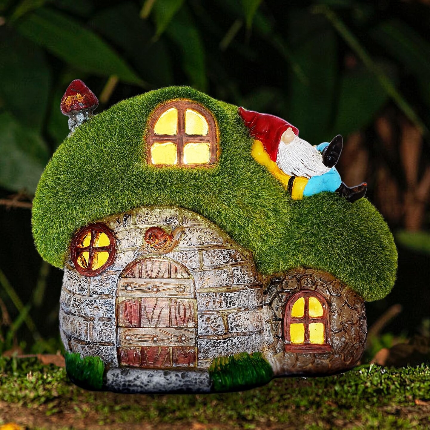House Garden Statues with Solar Lights, LED Cute Flocked Fairy House with Gnomes Garden Figurine, Outdoor Patio Yard Lawn Decorations Gift