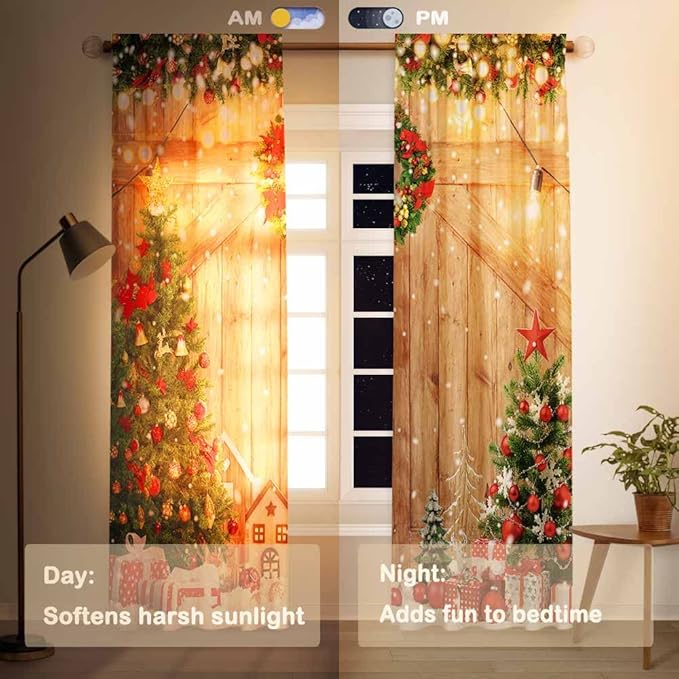 Christmas Wooden Barn Window Curtain Rustic Xmas Pine Tree Festival Holiday Print Curtains Home Decor Rod Pocket Darkening Drapes for Bedroom Living Room 82 in x 84 in