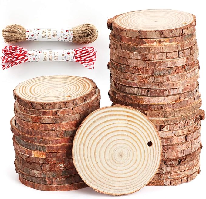 50Pcs Wood Slices 2.4&#x22;-2.8&#x22; Unfinished Natural Wood Rounds with Pre-drilled Hole and 66Feet Twine String, Wood Slices for Wood Burning Painting DIY Crafts Christmas Ornaments Party Wedding Decor