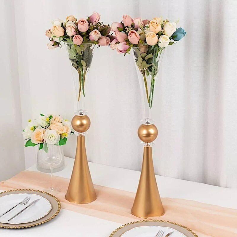2 Clear Gold 27" Plastic Reversible Trumpet Flower Vases Crystals Party Event