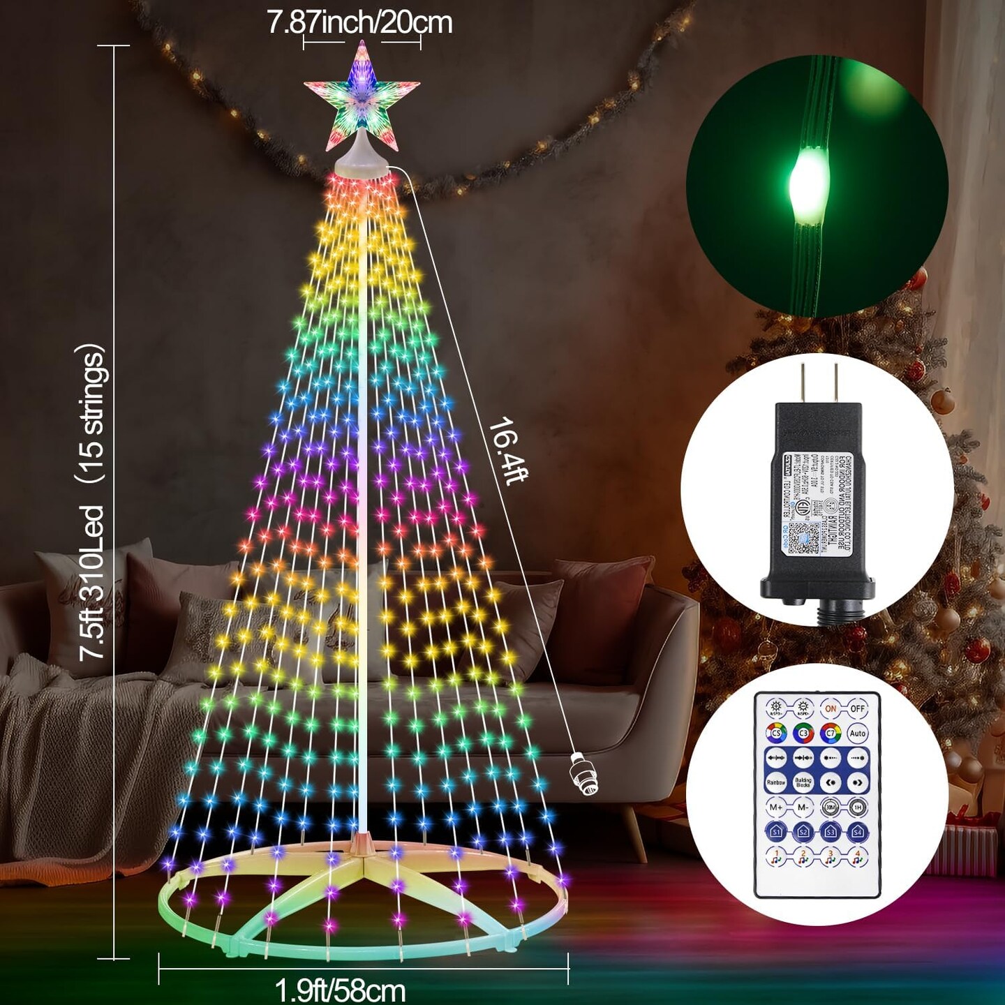 Smart LED Christmas Cone Tree Light, 7.5ft 310 LED Lighted Artificial Tree with Star Topper, Music Sync with Remote APP Control, DIY RGB LED Light Show Tree for Xmas Indoor Outdoor Decorations