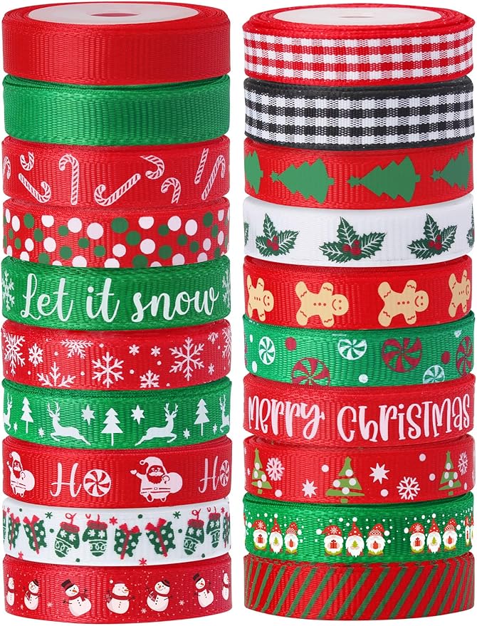 20 Rolls 100 Yards Christmas Ribbon for Gift Wrapping,3/8 Inch Christmas Grosgrain Ribbon,Christmas Ribbon for Crafts DIY Holiday Christmas Decorations