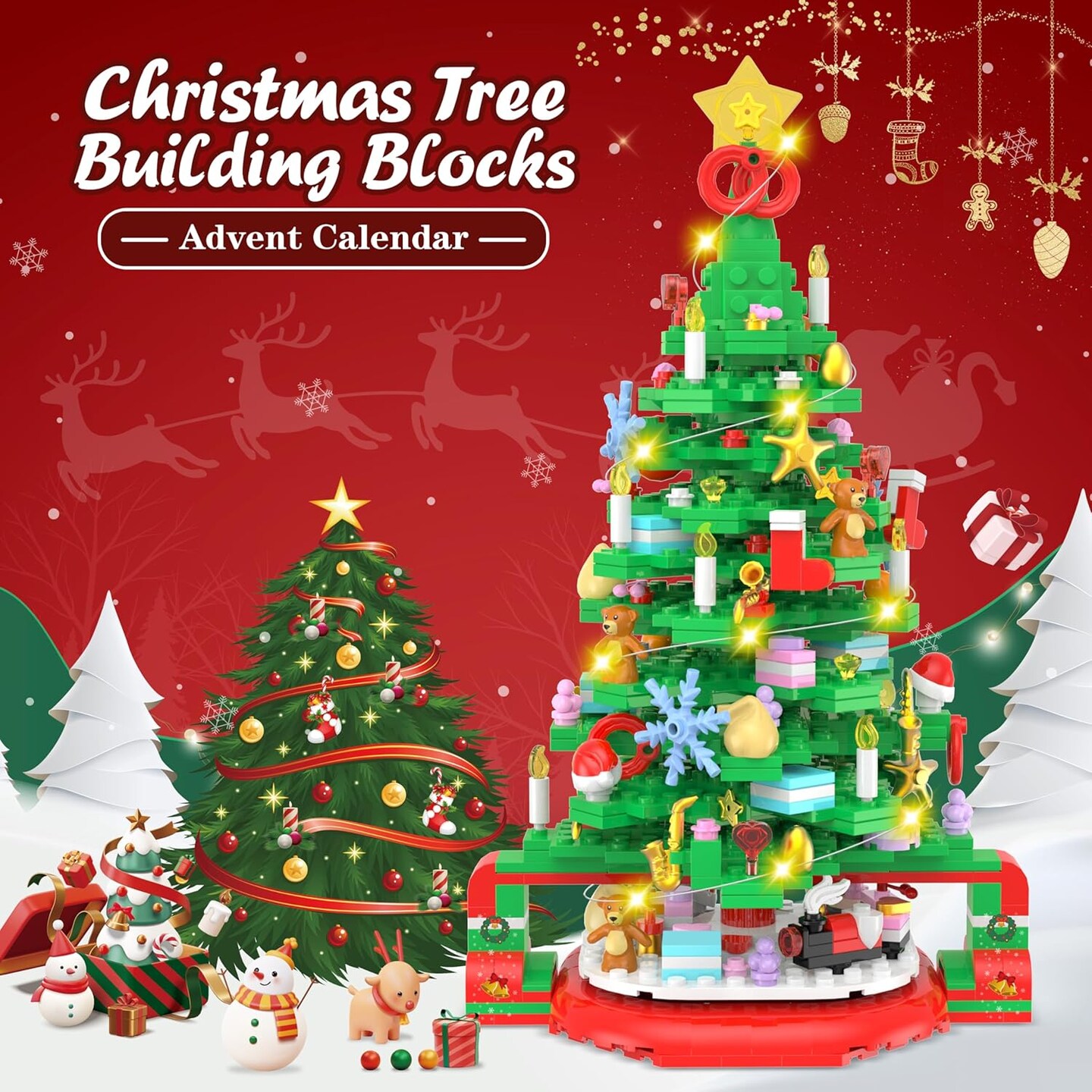 Advent Calendar 2024 Christmas Tree Building Set, 24 Boxes Christmas Countdown Calendar Building Blocks with Warm Light, Advent Calendars for Adults Teens Kids