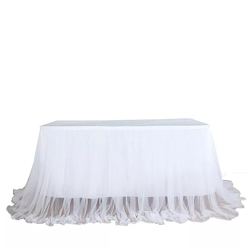 14 ft x 48&#x22; White TABLE SKIRT 2 Layers Tulle Satin Wedding Party Decorations