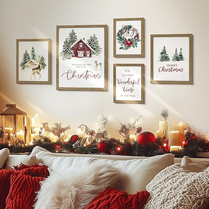 Christmas Wall Art, Framed Wall Art with Christmas Winter Forest Decorative Prints, 5 Pack Christmas Pictures Wall Decor for Living Room, Bedroom as Christmas Decorations