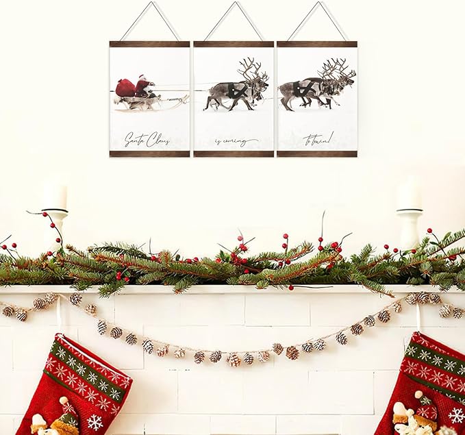 Cute Christmas Posters Wall Art Funny Christmas Classic Aesthetic Decor, Farmhouse Christmas Canvas Wall Art Prints Poster, Santa Claus Reindeer Posters for Room Bedroom Decor with Frame, 8&#x22;X11&#x22;X3Pcs