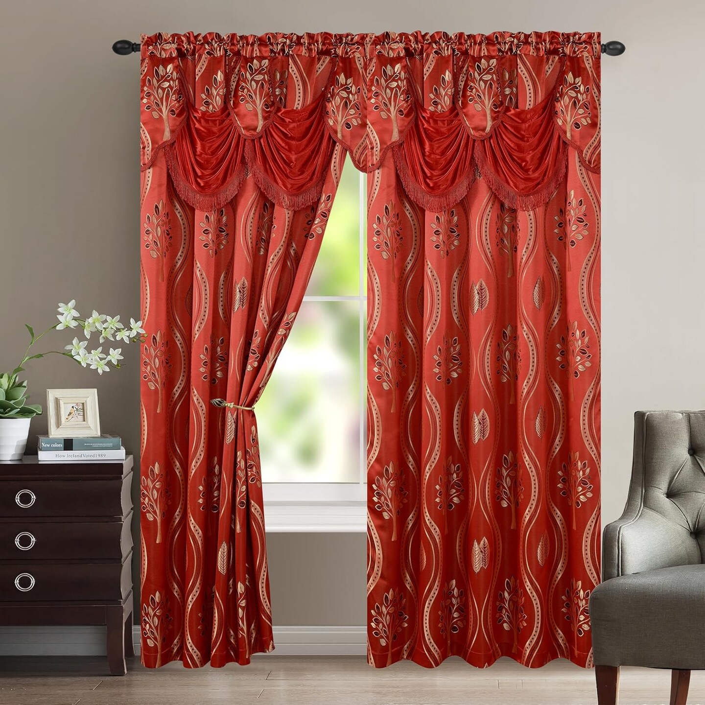 Luxurious Beautiful Curtain Panel Set with Attached Valance and Backing 54&#x22; X 84 inch (Set of 2), Red