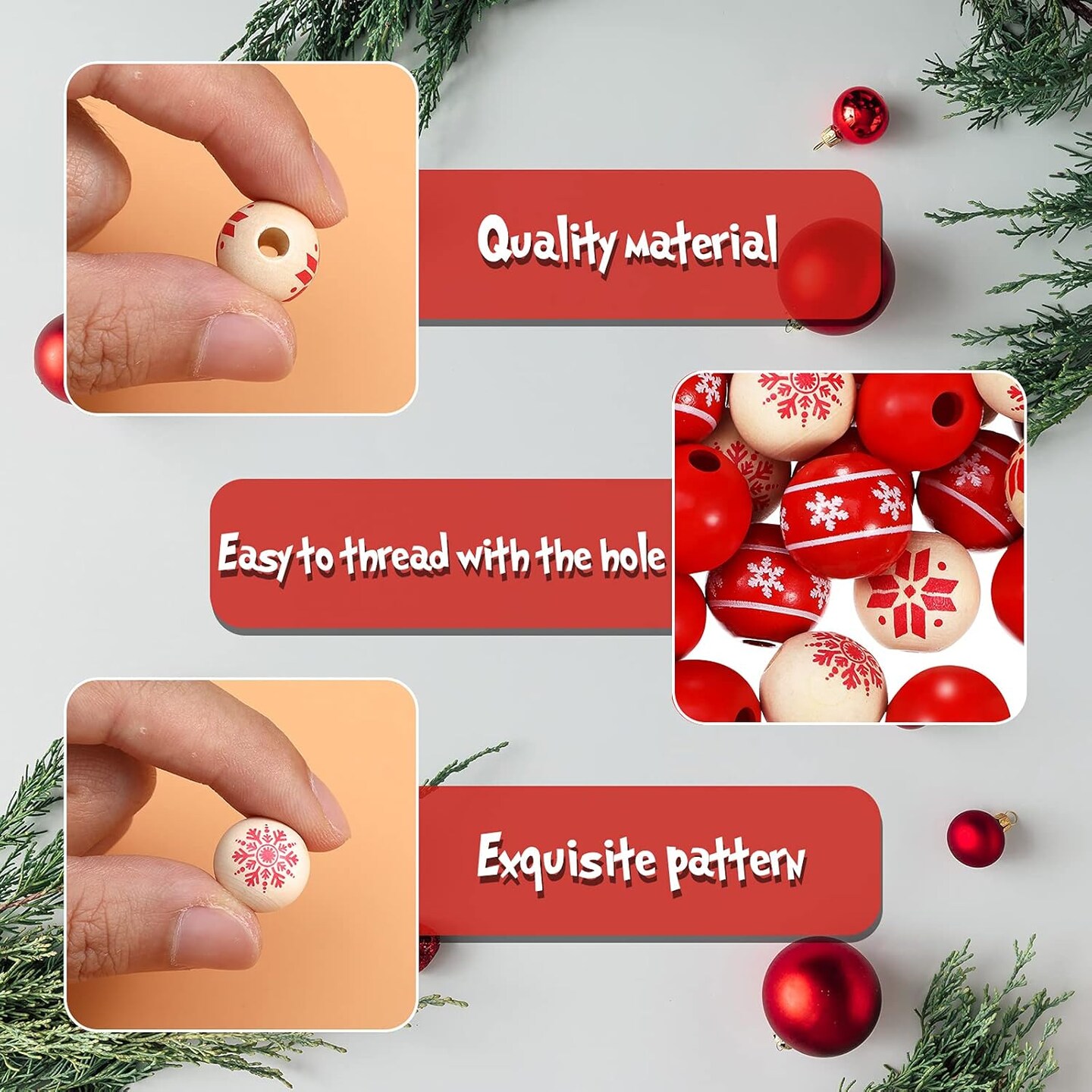 120 Pieces 0.6 Inch Wooden Bead Christmas Wood Beads Natural Wood Beads Craft Wood Round Beads with 65.6 Feet Twine for Xmas Valentine's Day Saint Patrick's Day Party Decor (Natural, Red)