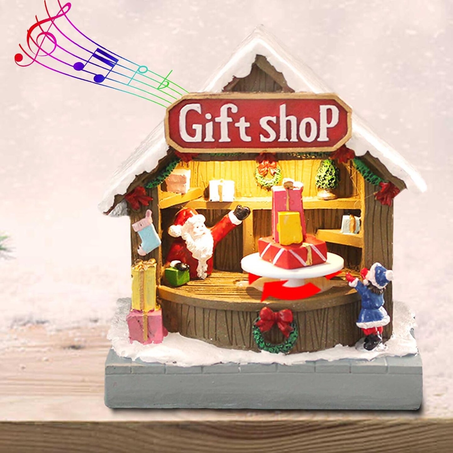 Animated Christmas Village Street Gift Shop with LED Light &#x26; Music, Resin Figurines Cute Santa Claus for Festive Decorations