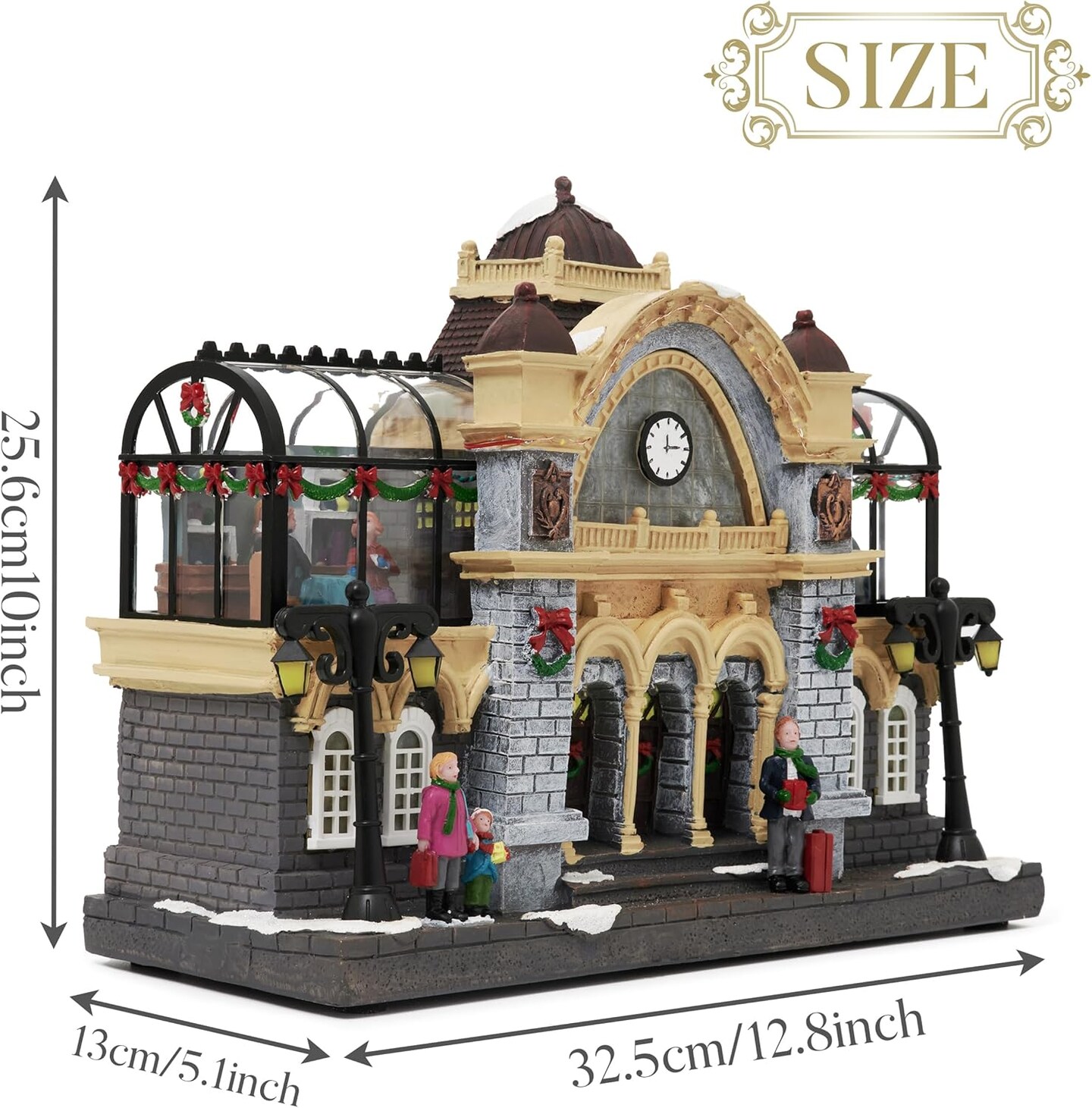 Christmas Village Decorations, 2 Levels Union Station with Lights, Battery Operated Xmas Figurine Musical House Snow Scenes for Holiday Indoor Home Gift Decorations, 12.8 Inch