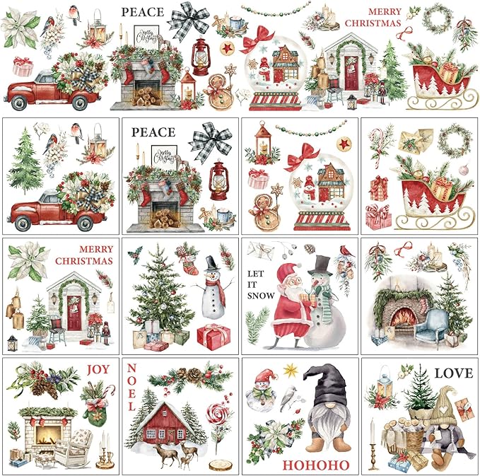 Transfers Classic Watercolor Santa Snowman Gnome Transfer Stickers Winter Floral Bird Furniture Decals for Home Office Paper Wood DIY Crafts, 5.9 x 5.9 Inch
