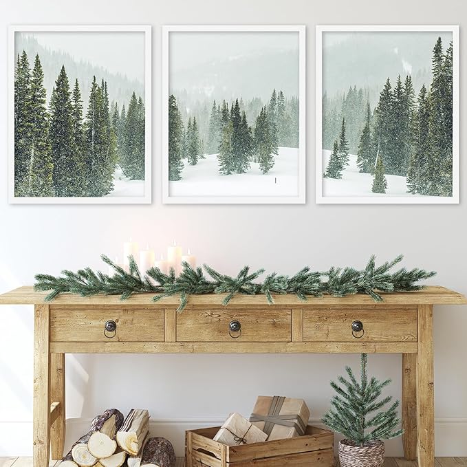 JarThenaAMCS Set of 3 Winter Trees Wall Art Prints Snow Covered Mountain Forest Art Poster Xmas Winter Nature Room Decor for Gallery Living Room Bedroom Wall, 11 x 14 Inch (No Frame)
