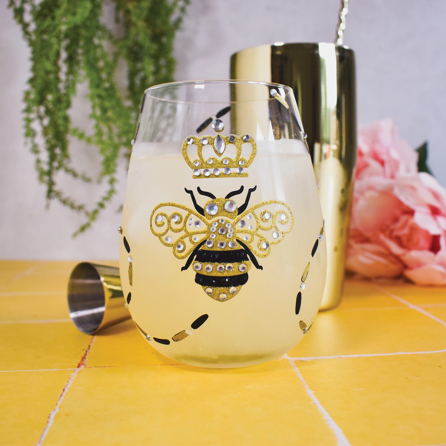 Lolita Queen Bee Stemless Hand Painted Wine Glass 5in H