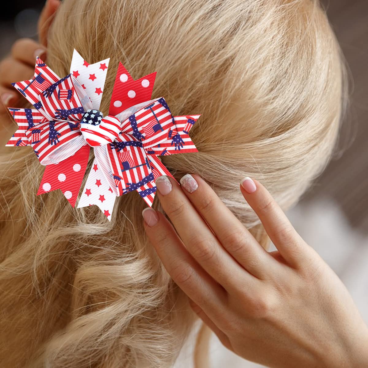 White Blue Red Hair Clips 4th of July Bows Clips Grosgrain Hair Barrettes Independence Day Headwear Girls Kids Boutique Hairpin Stars Hair Accessories Alligator Clips Supplies Party Decorations 4PCS