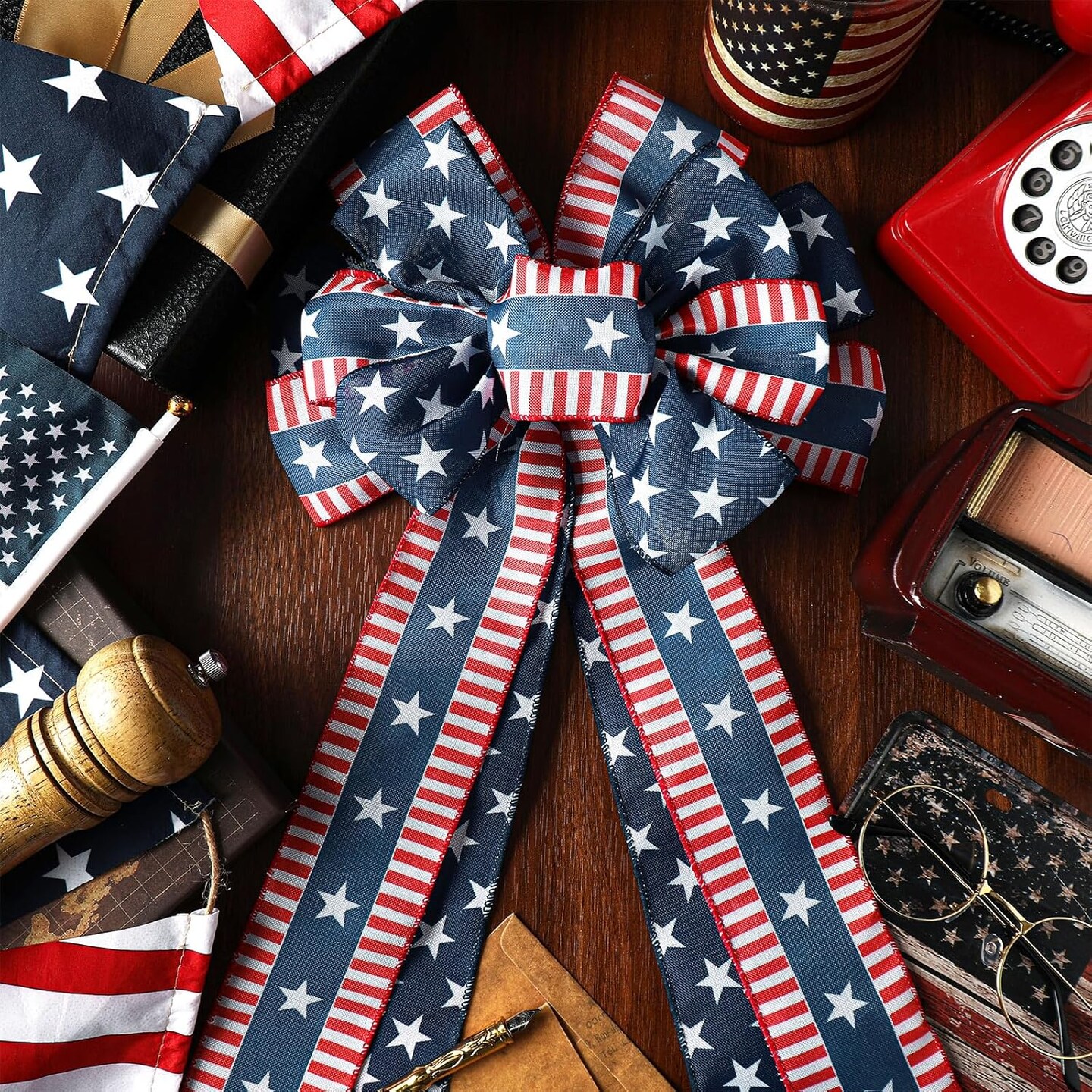 2 Pcs Patriotic Bows Red White Blue 4th of July Decor Stars Wreath Burlap Tree Topper American Flag Bow for Indoor Outdoor Independence Day Memorial Day Party Decoration