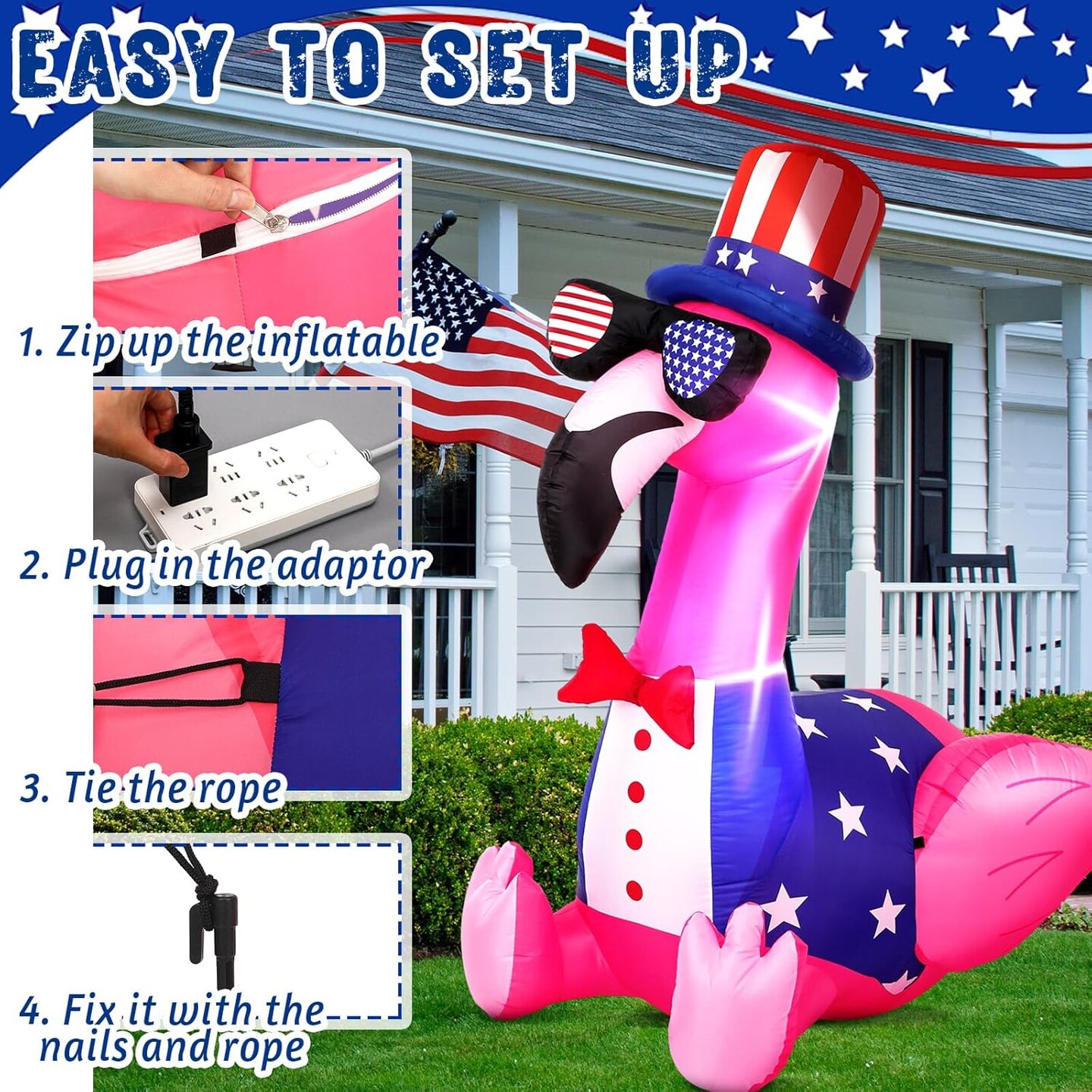 5 ft 4th of July Inflatables Outdoor Decorations Flamingo Patriotic Inflatables Independence Day Blow up with Built-in LEDs Lights for Yard Garden Lawn Memorial Holiday Party Decor