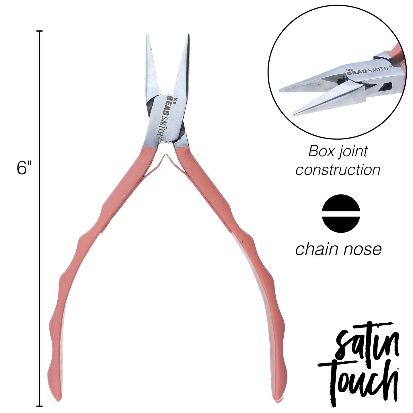 The Beadsmith Satin Touch Chain Nose Pliers, 5.75 inches (145mm) with Polished Steel Head, Comfortable Contoured Grip Handles and Double-Leaf Springs, Tool for Jewelry Making