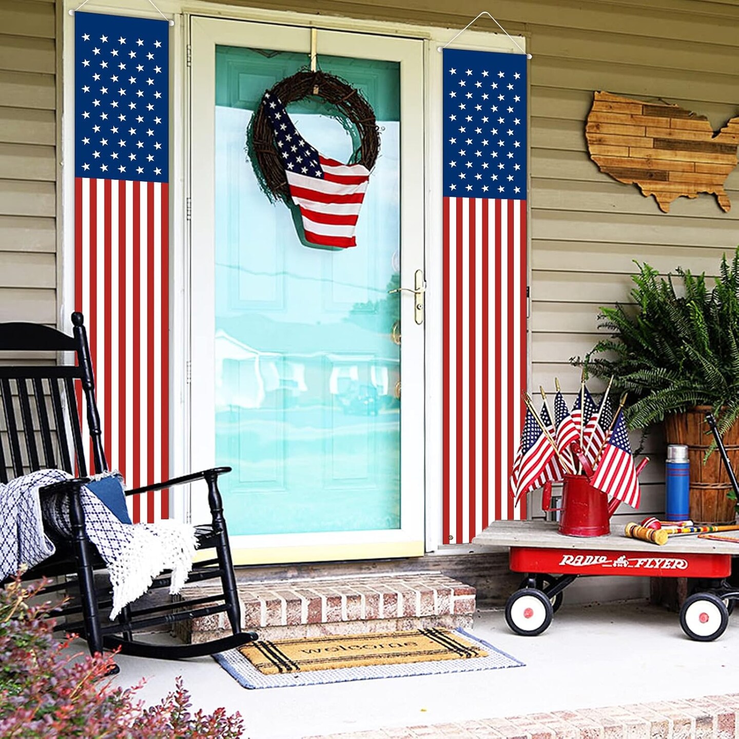 Memorial Day 4th of July Decorations, 71x13 Inch Hanging American Flag Door Banner, July Fourth Front Porch Decor for Home School Office Yard Patio Garage