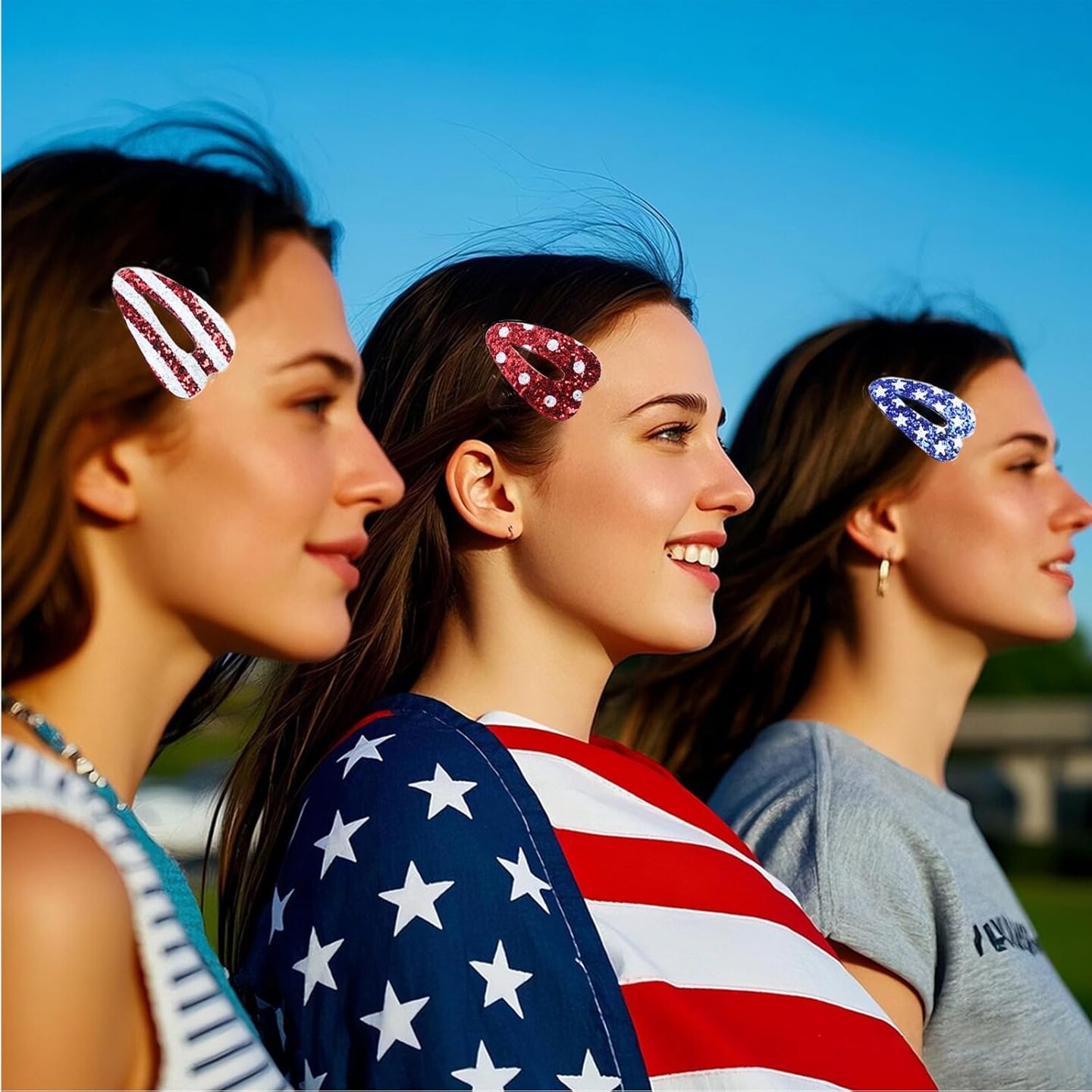 3PCS 4th of July Hair Clips Glitter Sequin Patriotic Hairpins Hair Barrettes Sparkly Red, White and Blue Snap Clips Star Stripe Independence Day Hair Grips for Memorial Themed Party