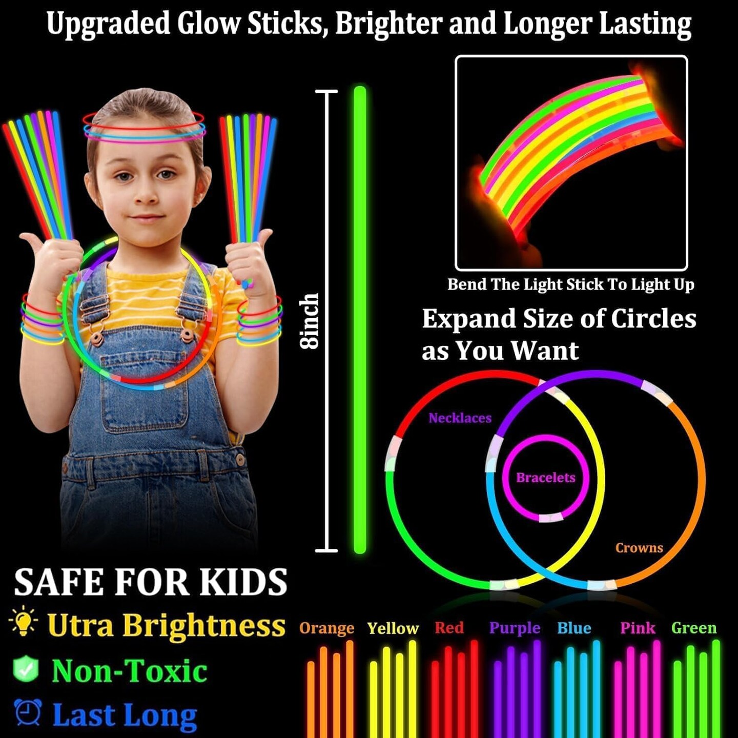 120 Pack Ultra Bright Glow Sticks Bulk Party Pack Glow In The Dark Party Supplies Glow Sticks Necklaces Bracelets with Connectors 8&#x22; Glowsticks Light Up Toy Graduation Birthday Wedding Pool Patriotic