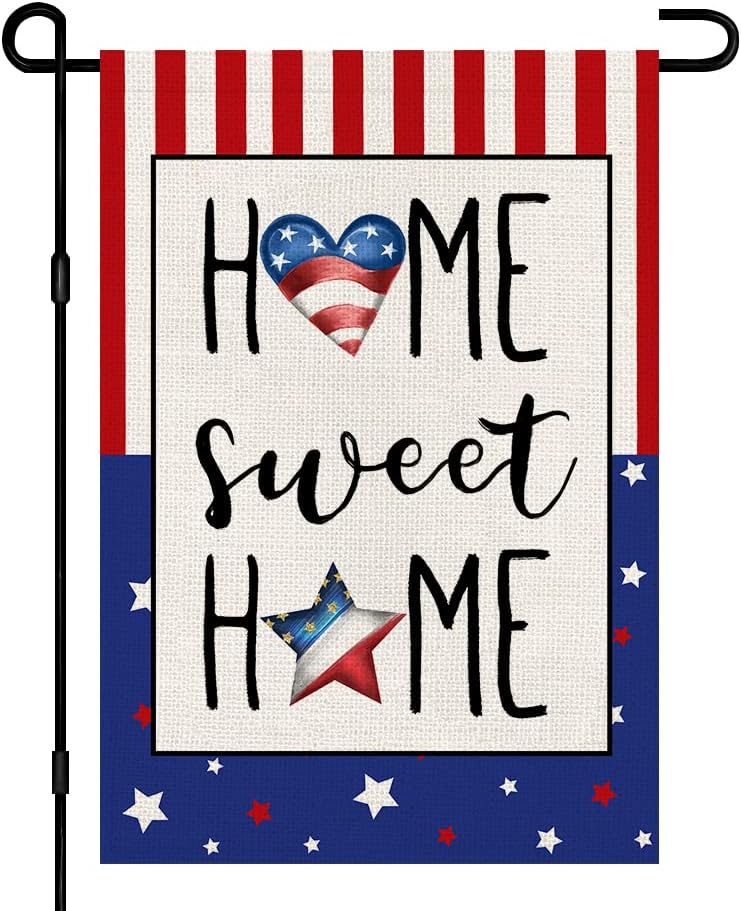 4th of July Garden Flag Home Sweet Home 12x18 Inch Double Sided Burlap, Star and Strip Patriotic American Flag Independence Day Memorial Day Yard Outdoor Decor DF305