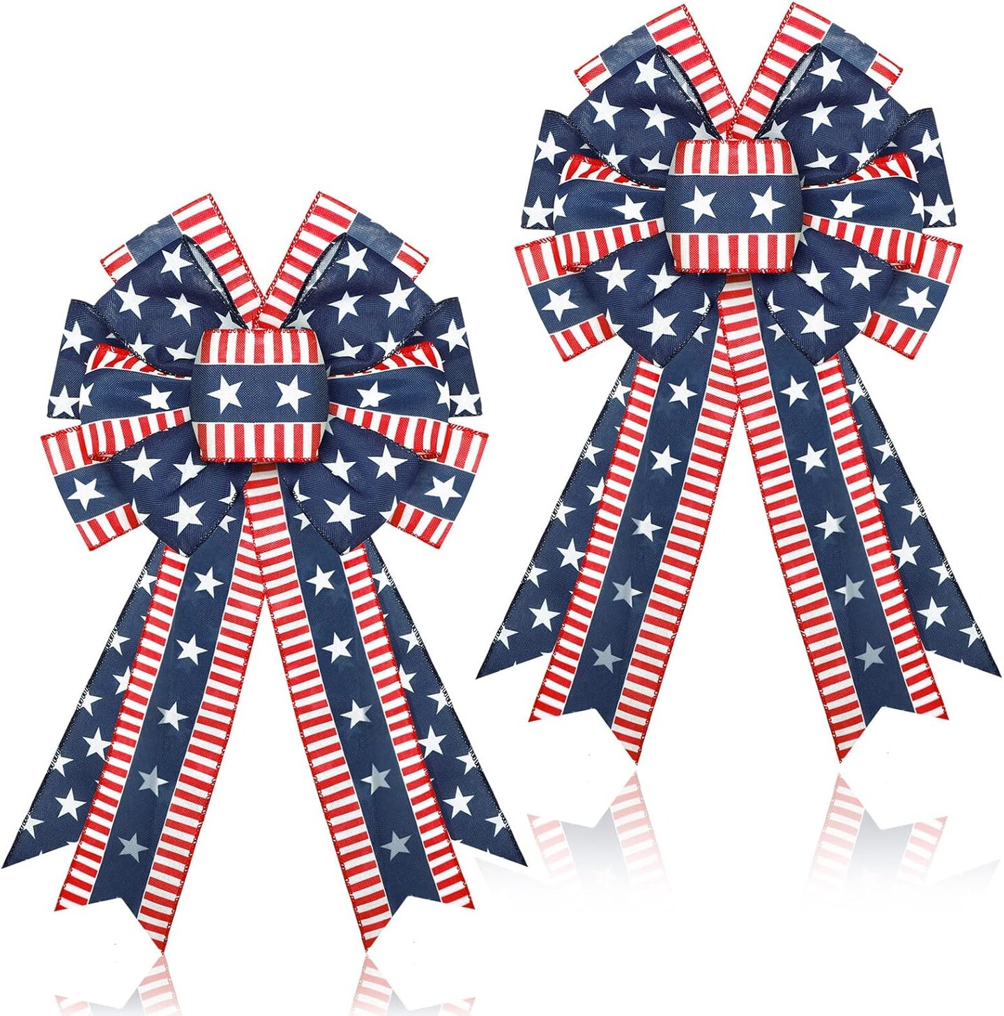2 Pcs Patriotic Bows Red White Blue 4th of July Decor Stars Wreath Burlap Tree Topper American Flag Bow for Indoor Outdoor Independence Day Memorial Day Party Decoration